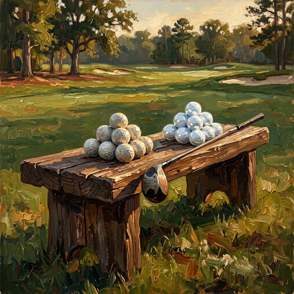 Two piles of golf balls, one soft-compression and one firm-compression, on a wooden bench, soft vs hard golf balls high handicappers