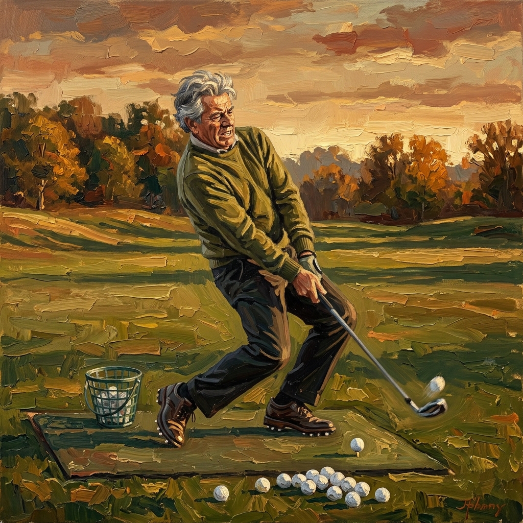 Weekend golfer mid-squat golf downswing on driving range at golden hour, viral golf swing tip