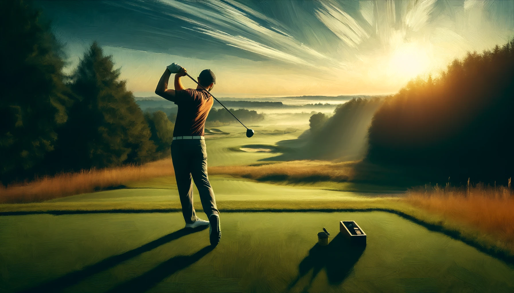 Golfer finishing swing on beautiful course