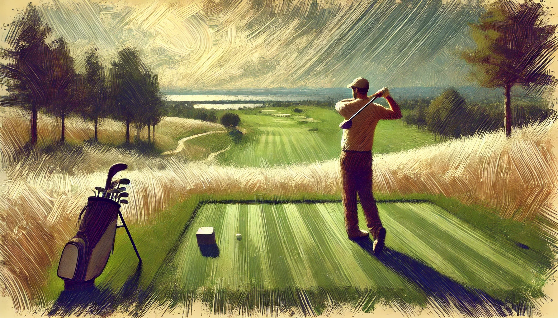 Golfer hitting ball from tee on scenic golf course Golfer hitting ball from tee on scenic golf course
