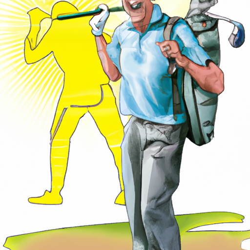 Golfer in blue with his golf bag