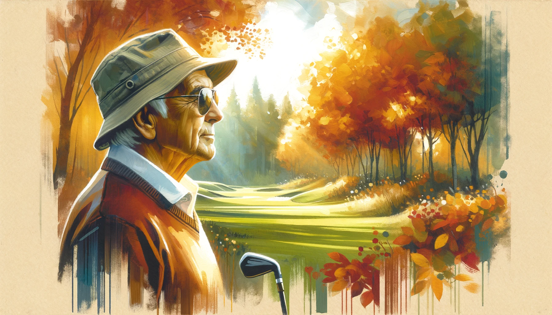 Golfer in sun hat on autumn golf course Golfer in sun hat on autumn golf course