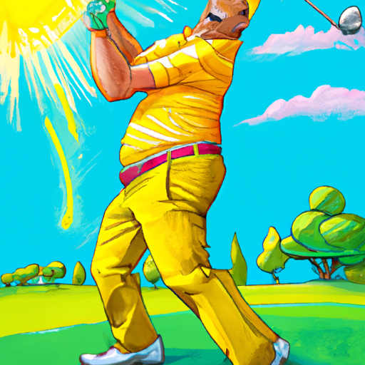 Golfer in yellow hitting big drive all smile