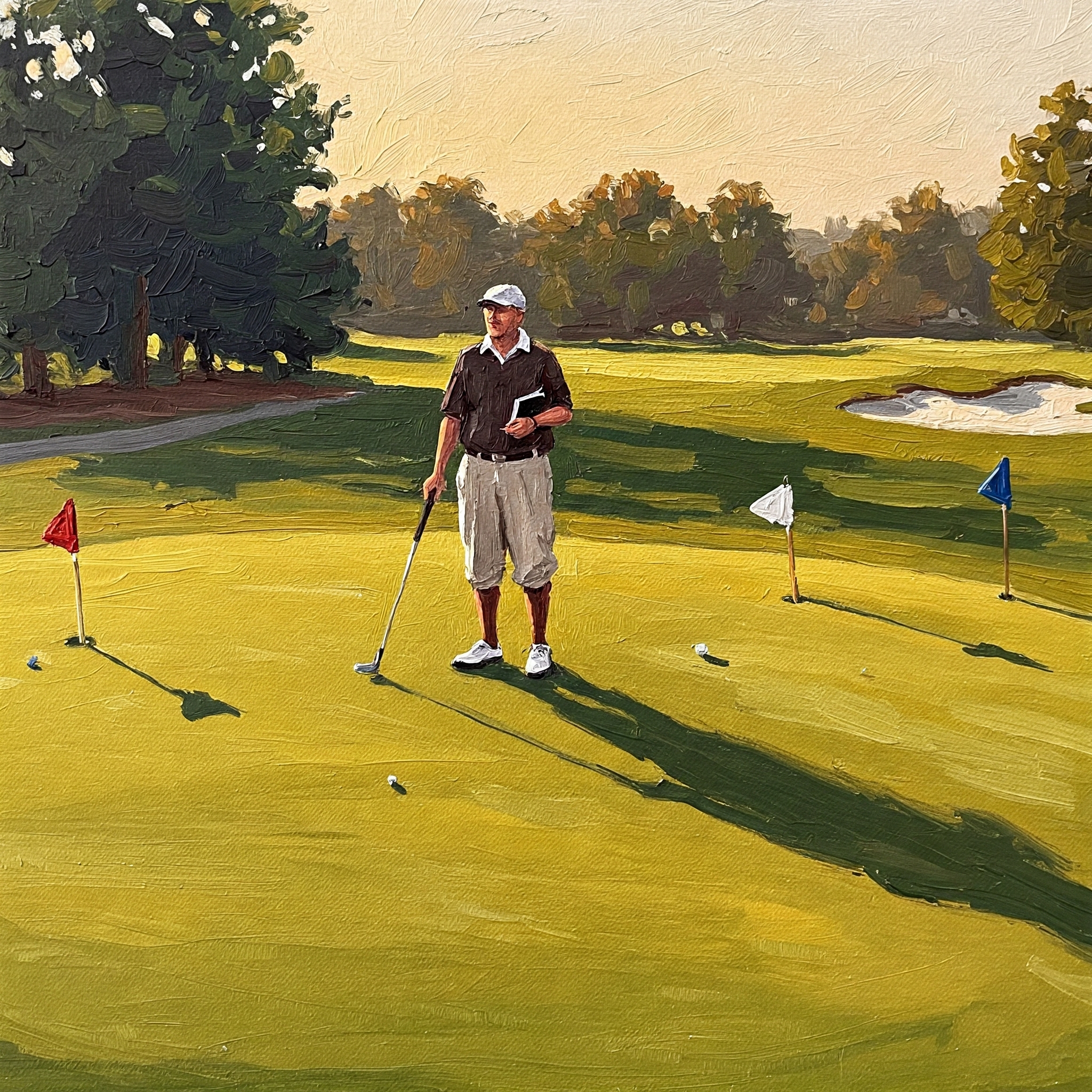 Weekend golfer using course markers to estimate distance to the green