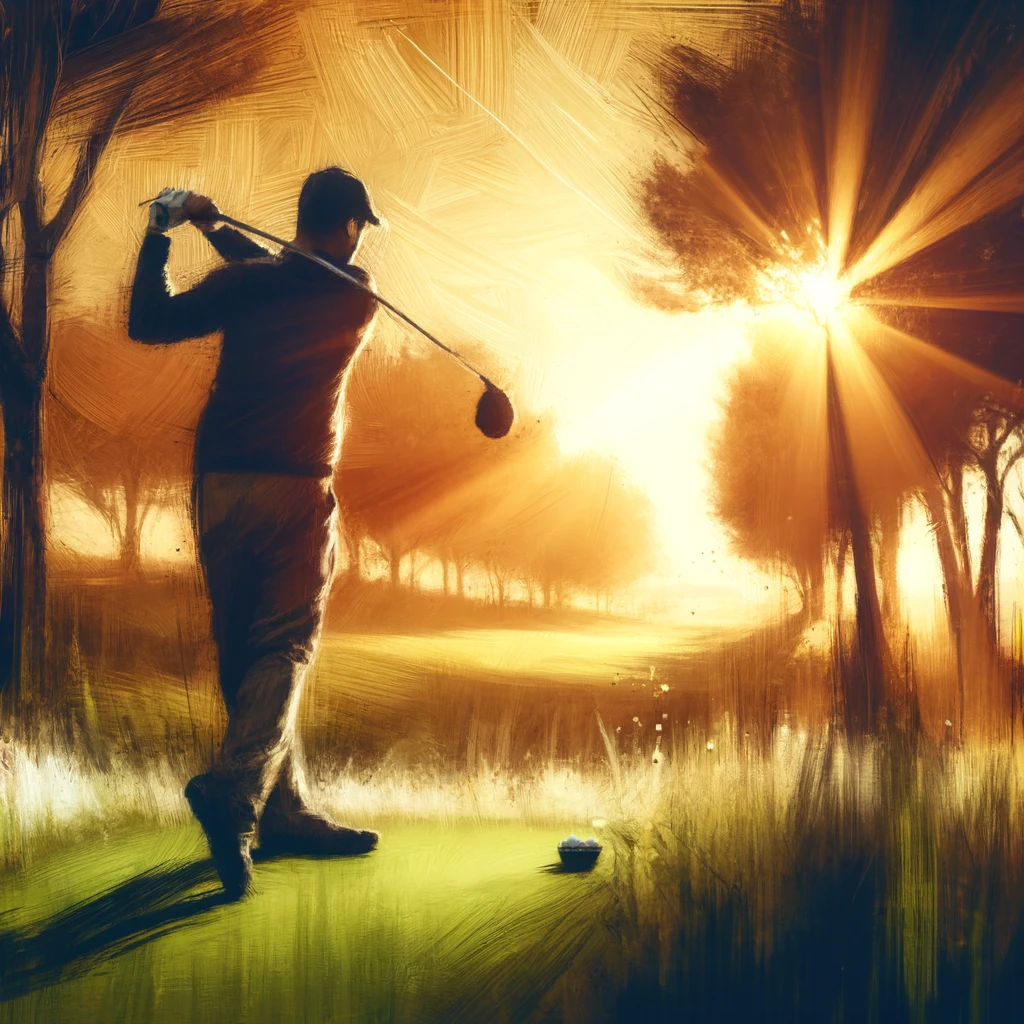 Golfer mid swing driving golf ball