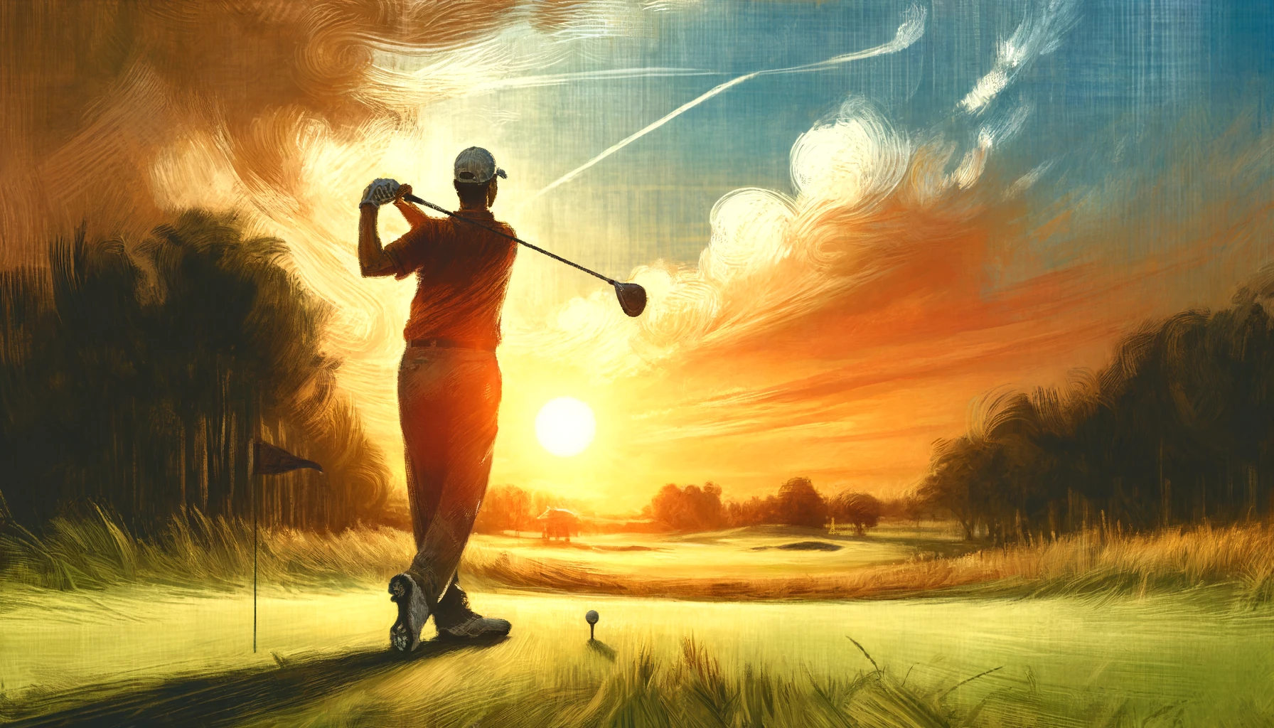 Golfer swinging at sunset