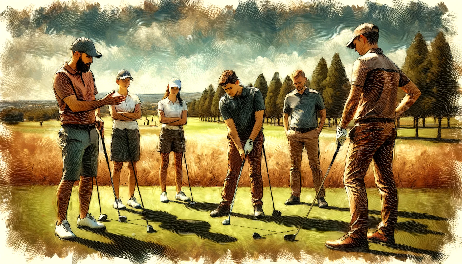 Group beginner golfers receiving lesson Group beginner golfers receiving lesson