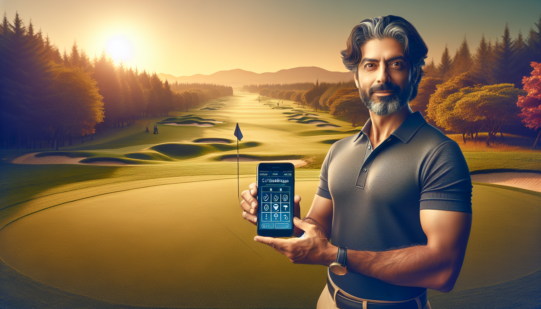 Weekend golfer using handicap calculator on smartphone at golf course