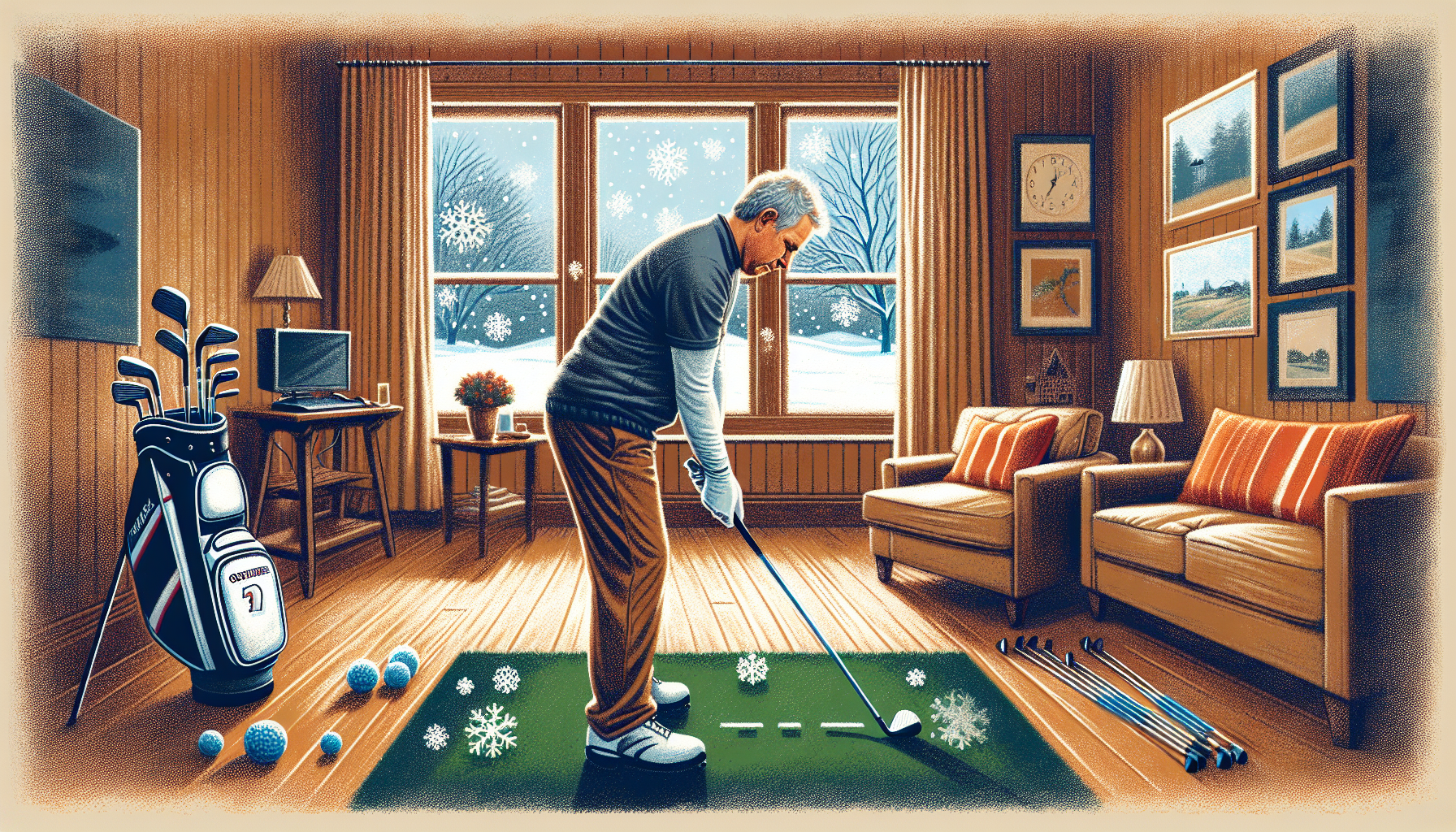 Golfer practicing indoor golf drills in living room with training aids