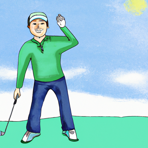A Happy Golfer in Hand-Drawn Animation, Enjoying a Game on a Beautiful Golf Course with a Blue Sky Background.