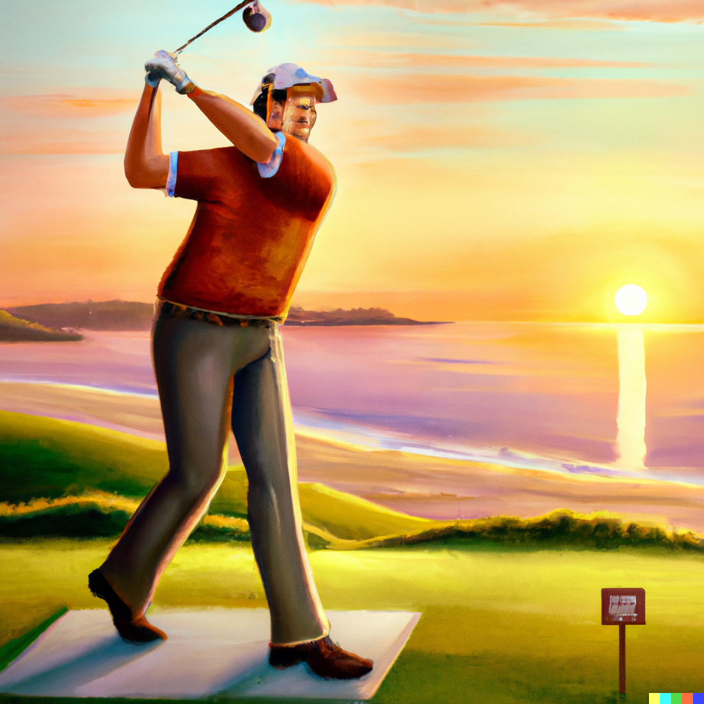 Male golfer in white hat hitting driver into sunset