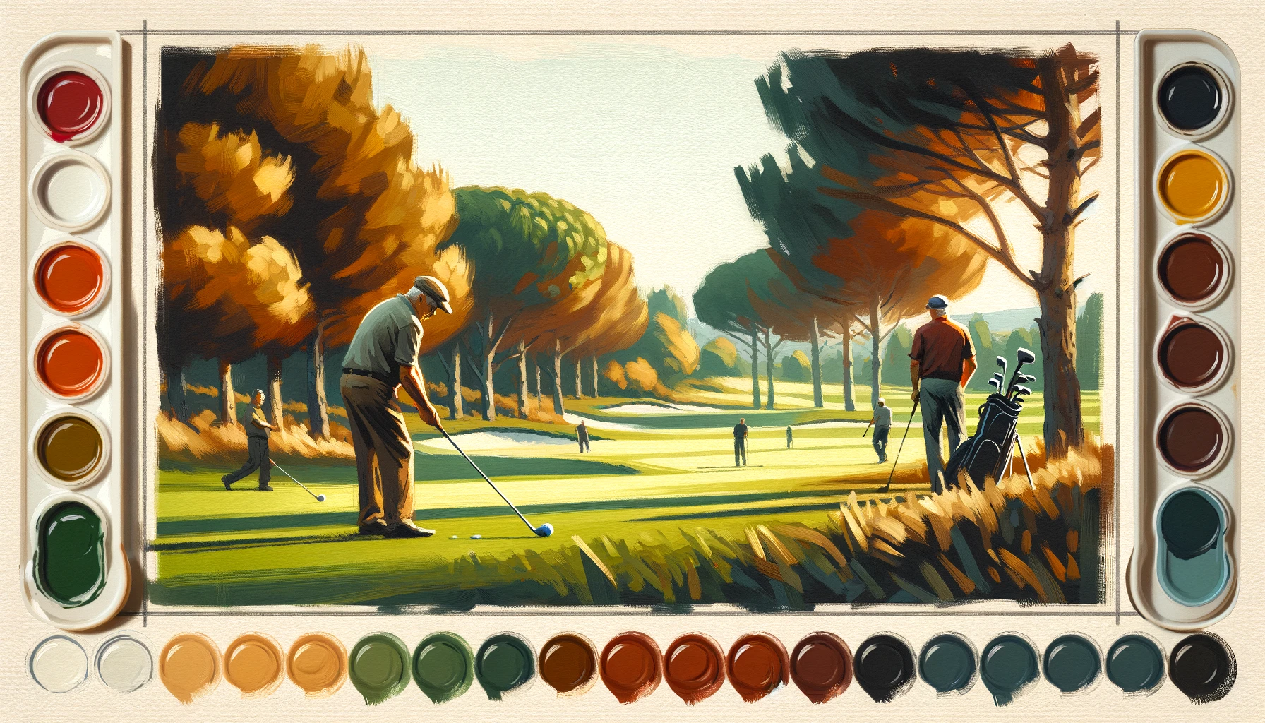 Middle aged golfers warm foliage background