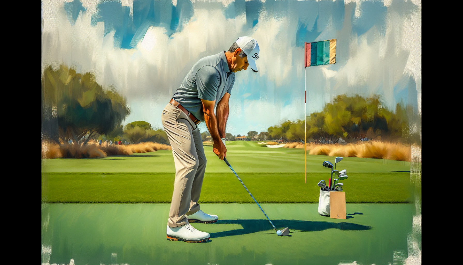 Weekend golfer demonstrating proper pitching wedge setup position on golf course