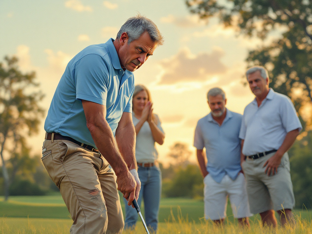 Golfer confidently putting on a sloped green with friends watching