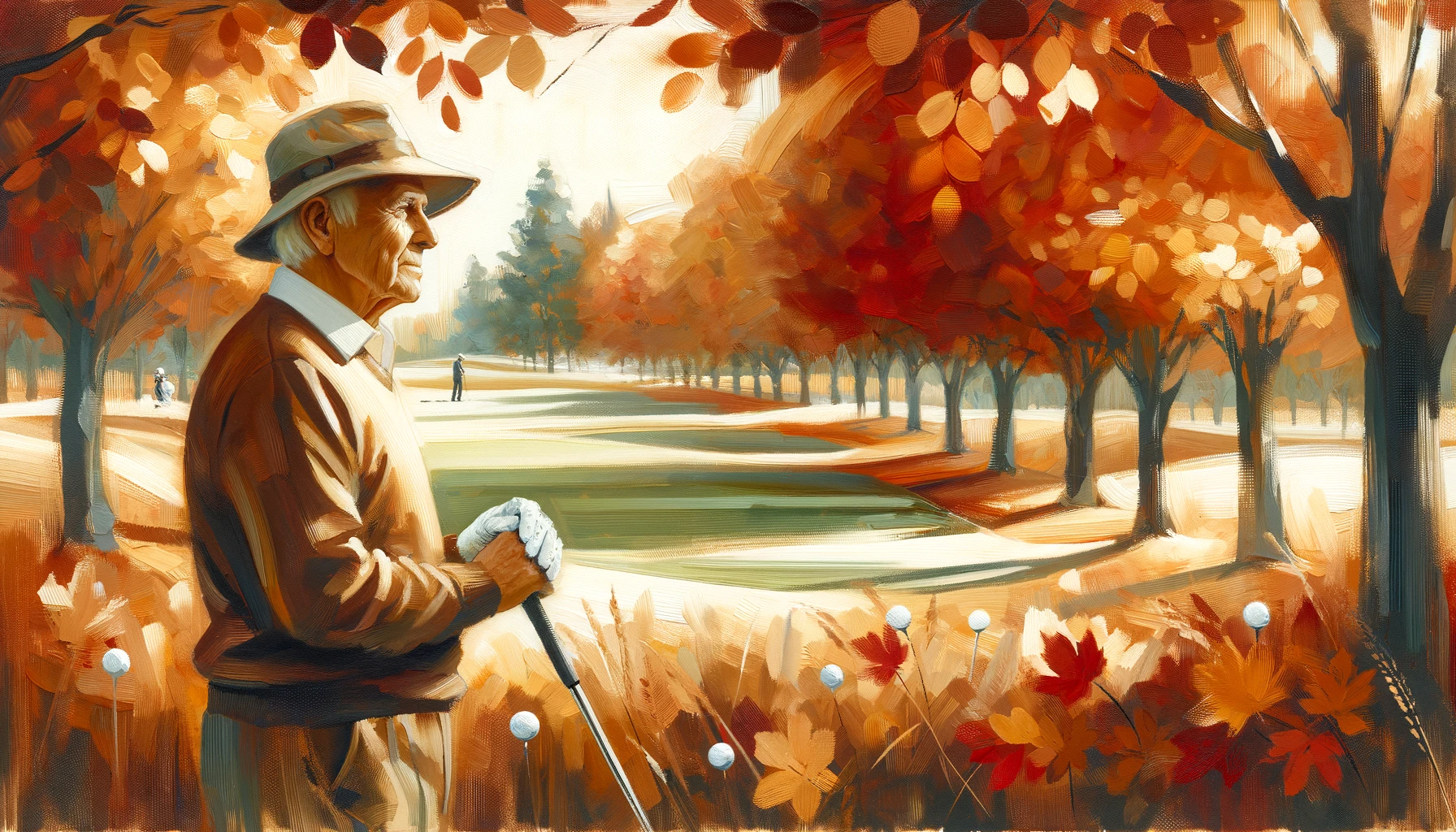 Sun protected golfer amidst autumn trees Sun protected golfer amidst autumn trees