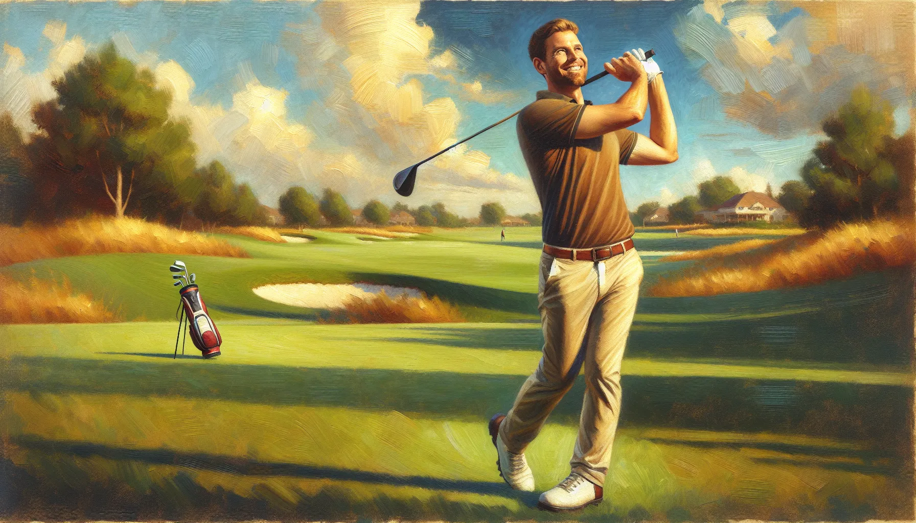A thrilled golfer swinging with power under bright sunshine. A thrilled golfer swinging with power under bright sunshine.