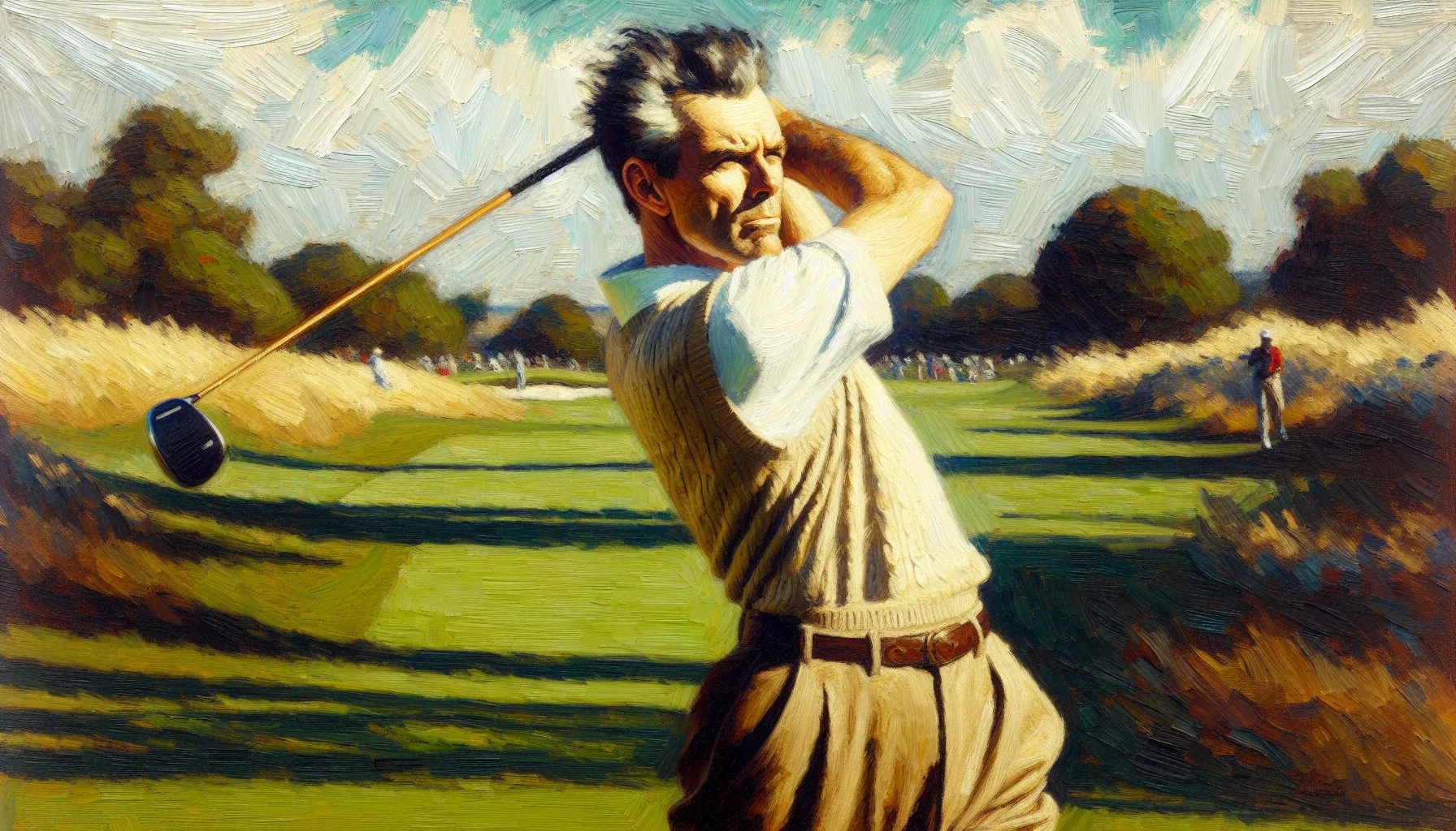 A triumphant golfer taking a confident swing at the ball on the fairway. A triumphant golfer taking a confident swing at the ball on the fairway.