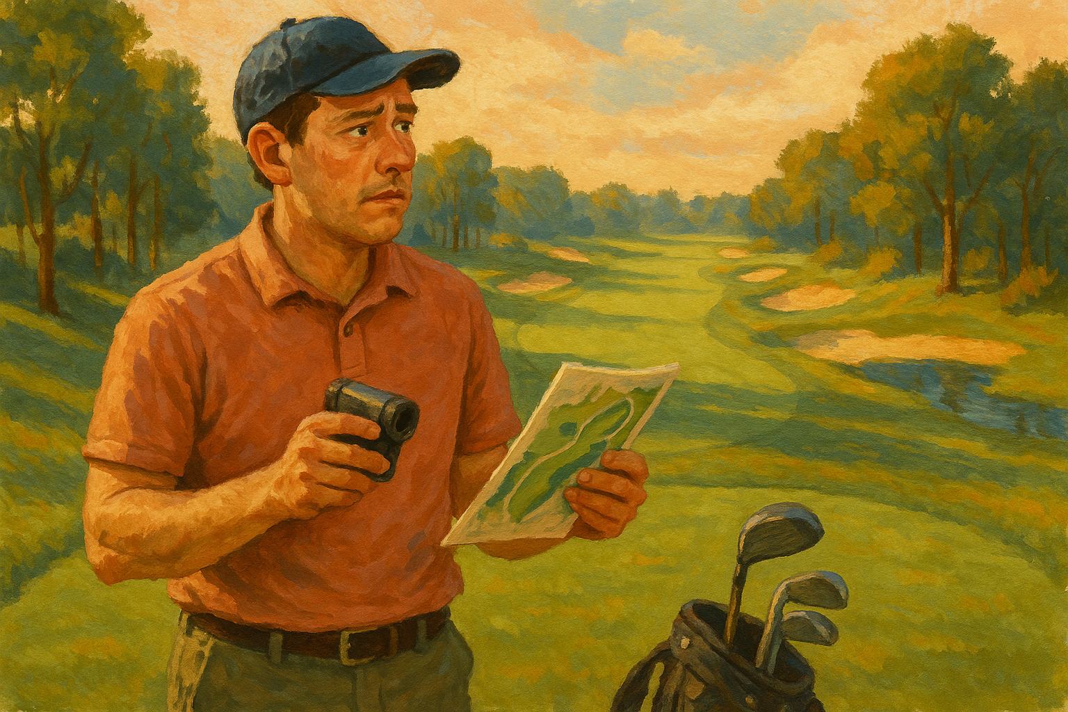 Weekend golfer studying a golf course map with a rangefinder and notes, preparing to navigate an unfamiliar course