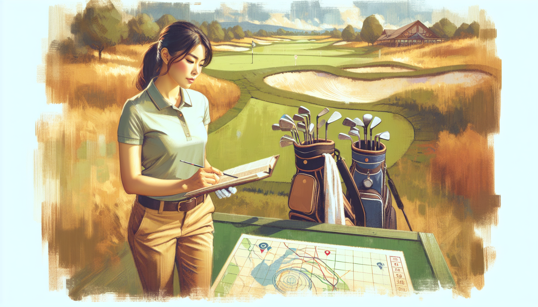 Weekend warrior golfer analyzing course strategy with golf course layout and yardage book showing smart club selection decisions