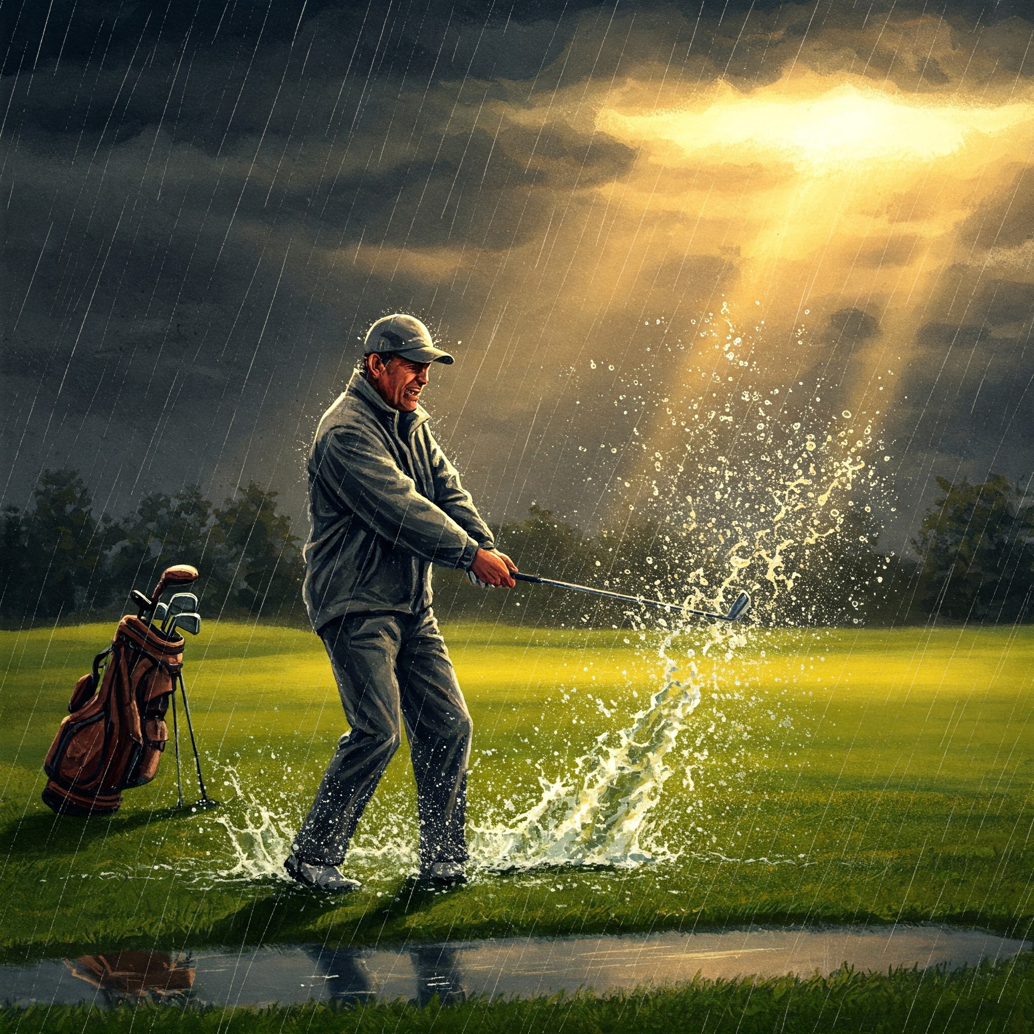 Weekend golfer making solid contact with golf ball during rainy conditions on a wet fairway