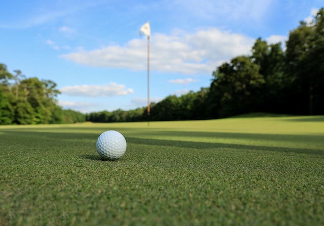 White golf ball on green with flag in background White golf ball on green with flag in background