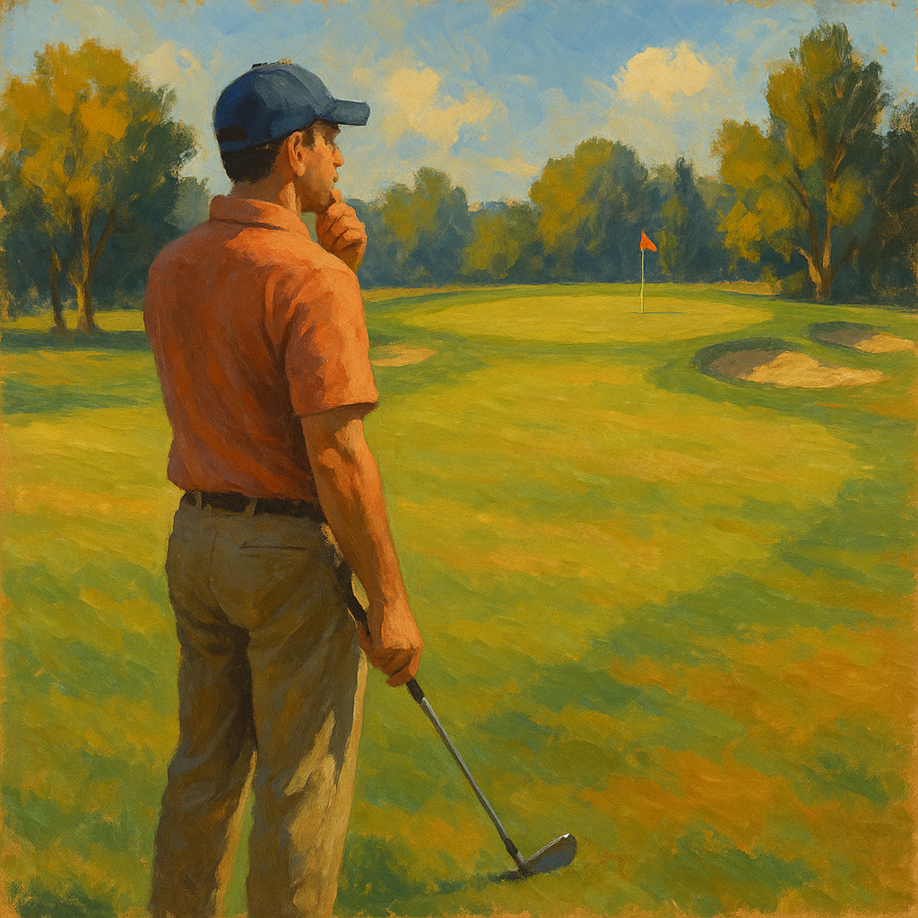 Weekend golfer analyzing approach shot to green