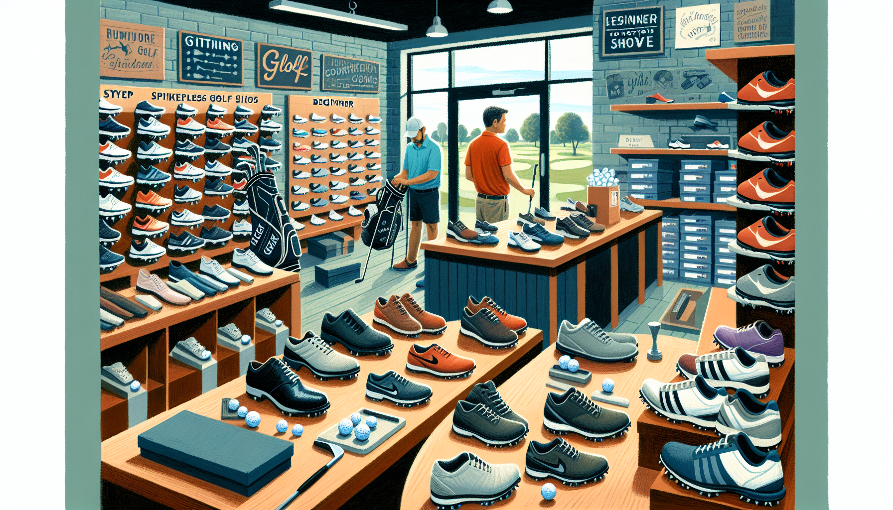 Beginner golfer trying on golf shoes at pro shop with various spiked and spikeless options displayed