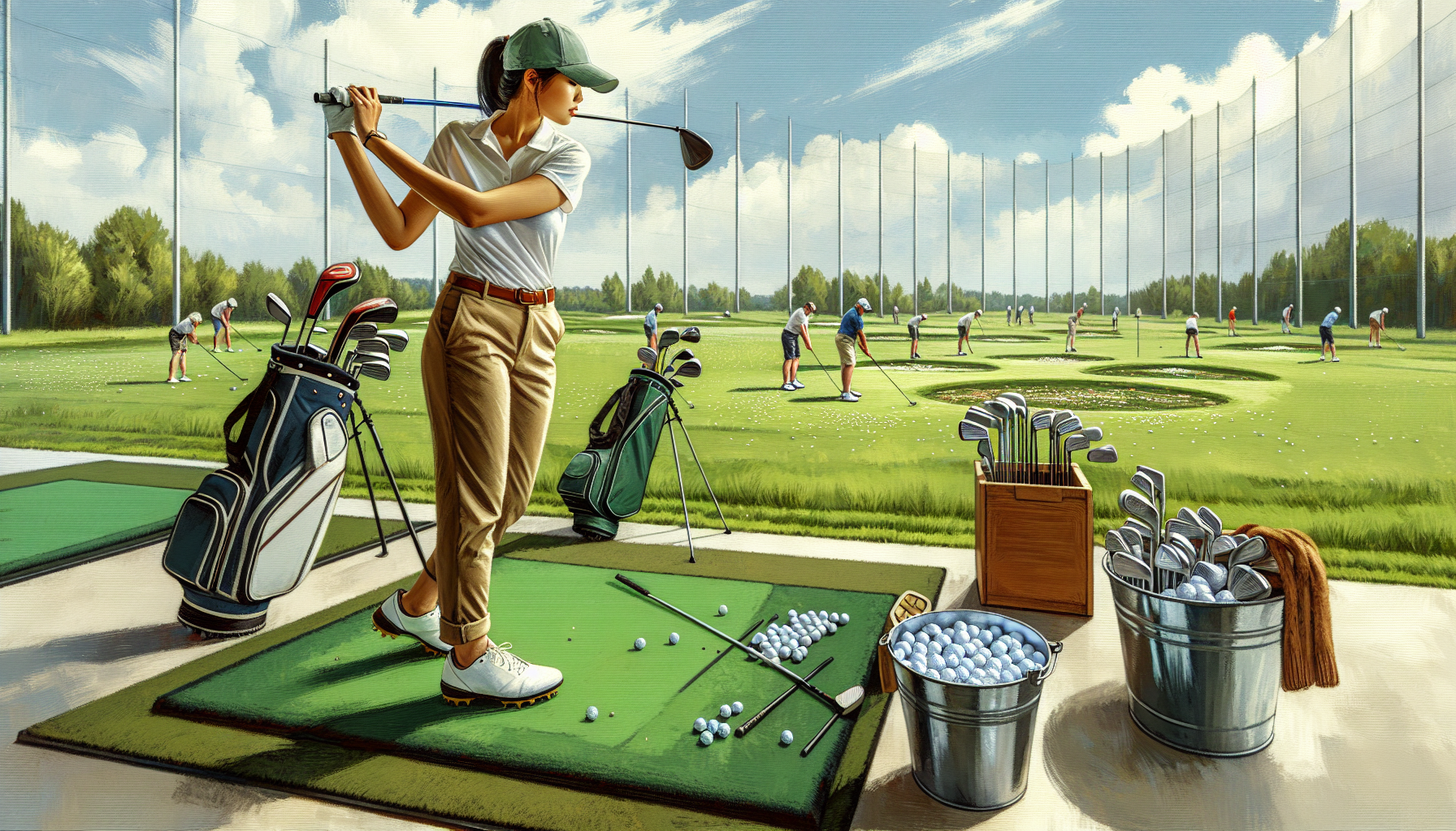 Weekend golfer practicing basic golf fundamentals at driving range
