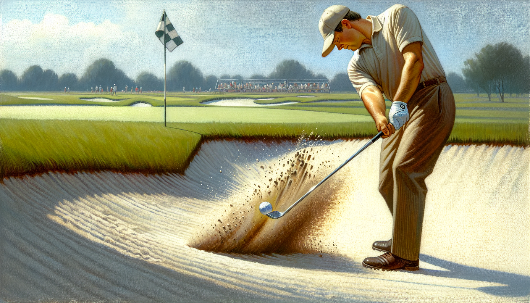 Golfer making clean contact with sand behind ball in bunker