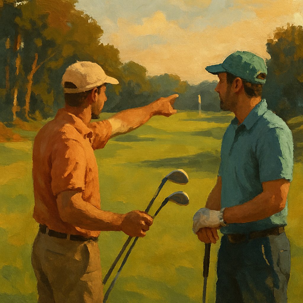 Golfer selecting club with caddie on fairway