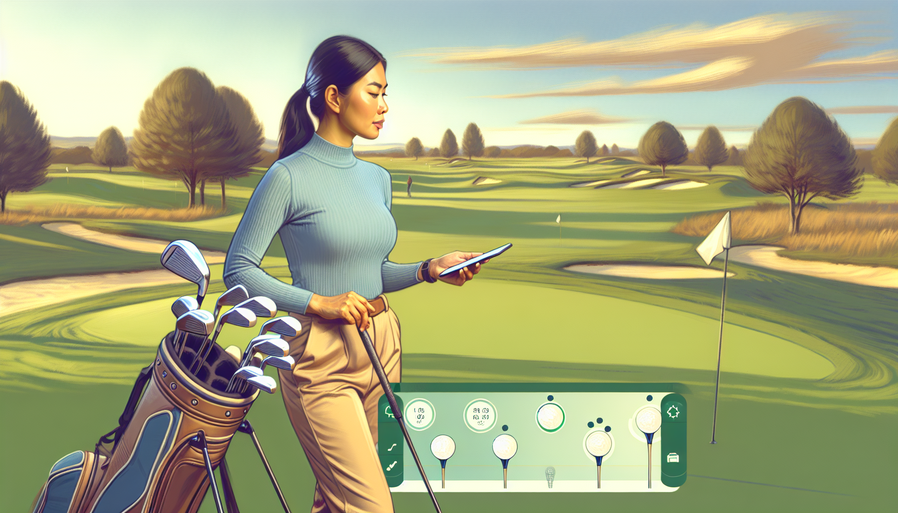 Weekend golfer confidently selecting club with interactive shot selector tool
