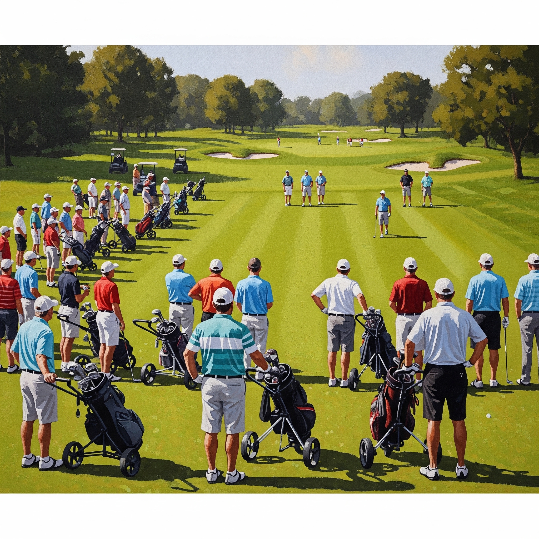 Golfers waiting on a crowded tee box
