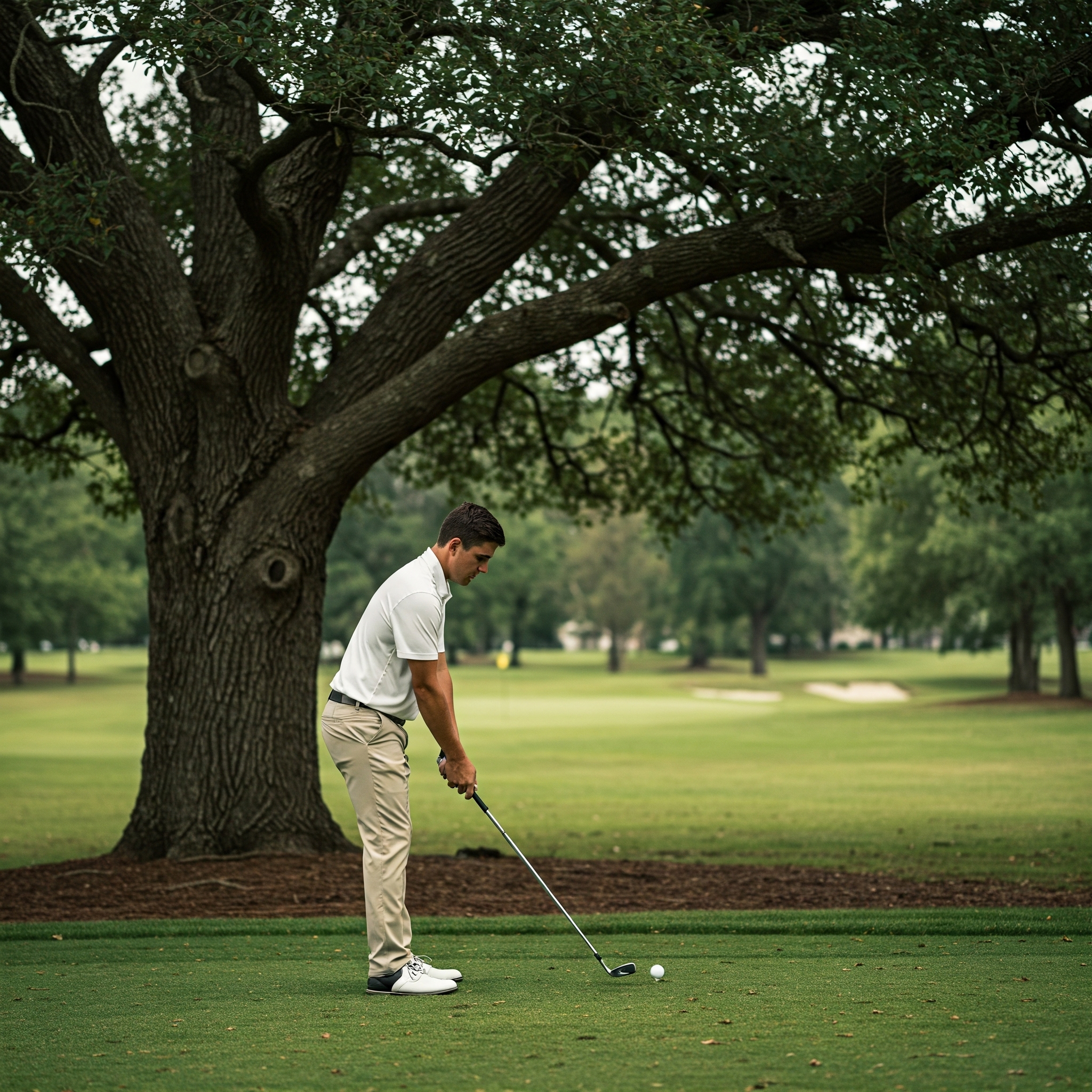 Golfer hitting a low punch shot under tree branches