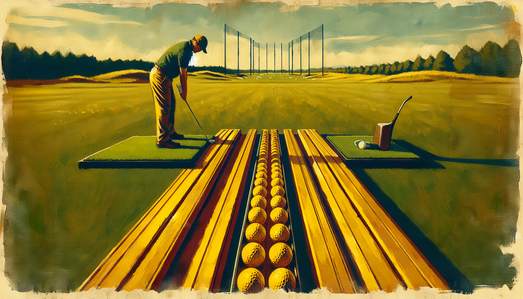 Golf alignment sticks setup on driving range showing proper training configuration