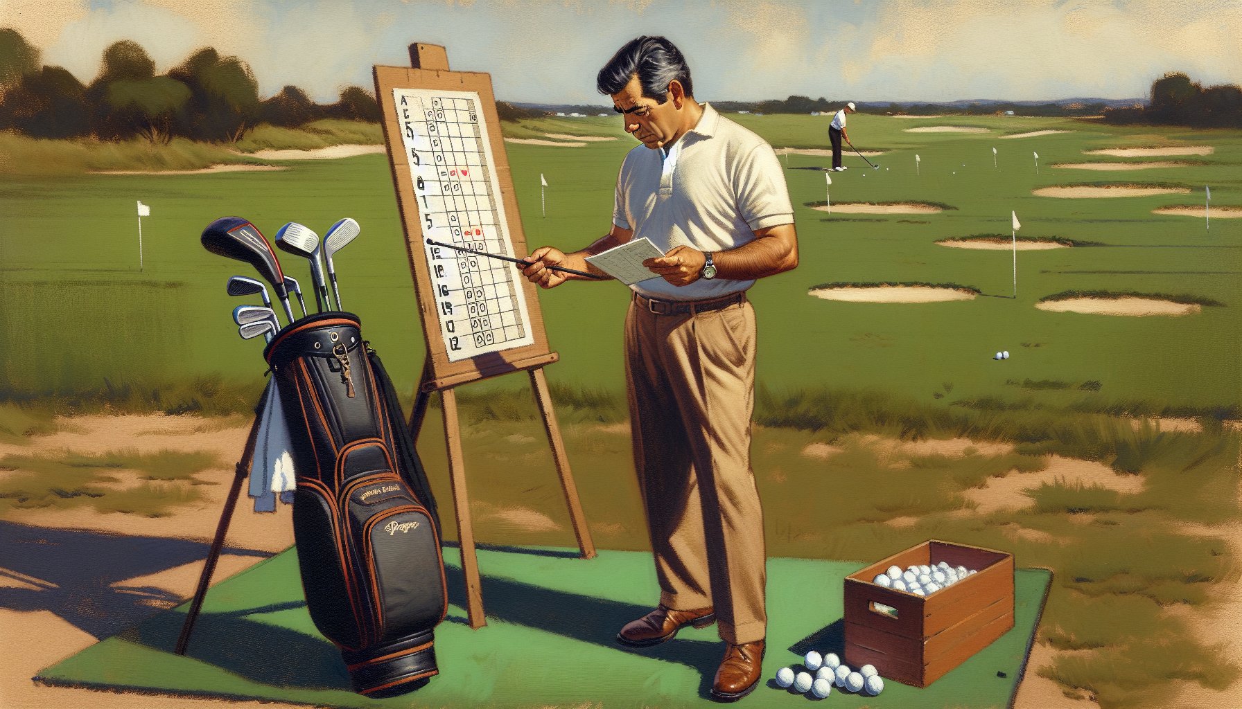 Weekend golfer with distance chart checking yardages on golf course driving range with various clubs