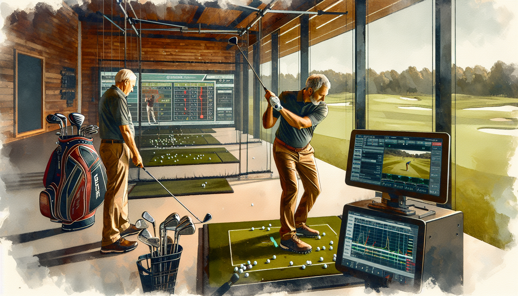Professional golf club fitting process showing launch monitor analysis for weekend golfer