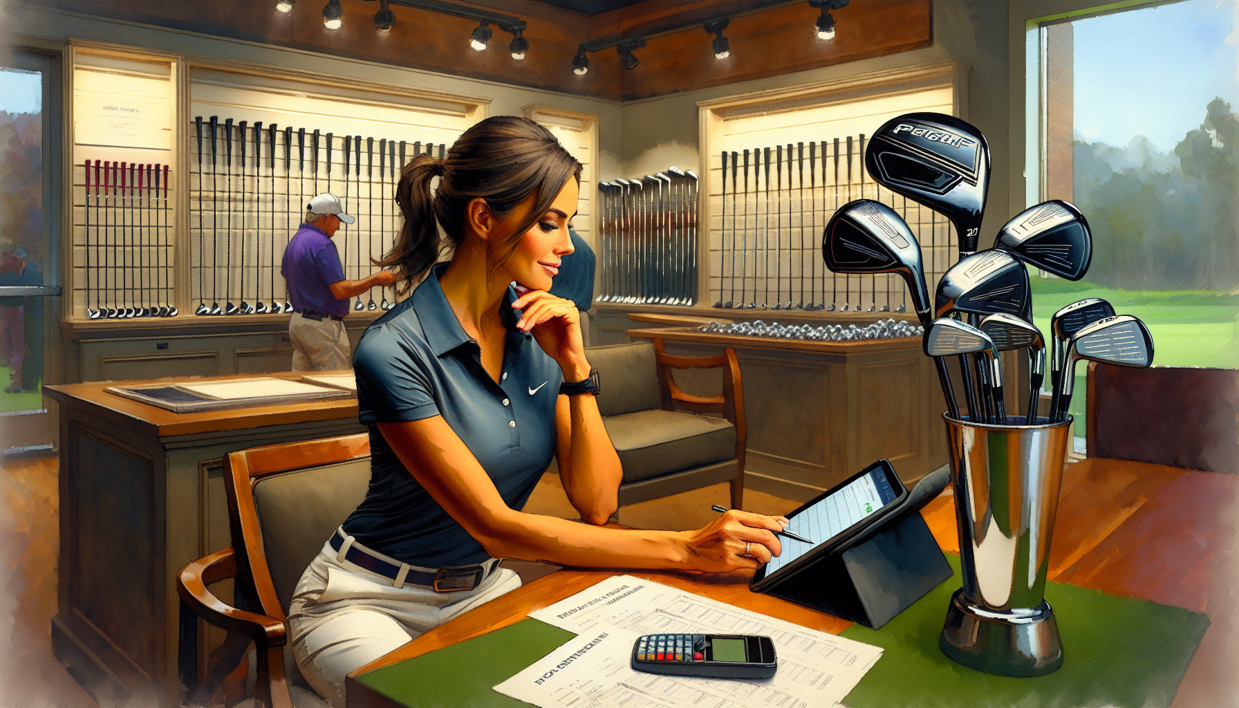 Weekend golfer analyzing golf equipment ROI calculator on tablet at pro shop