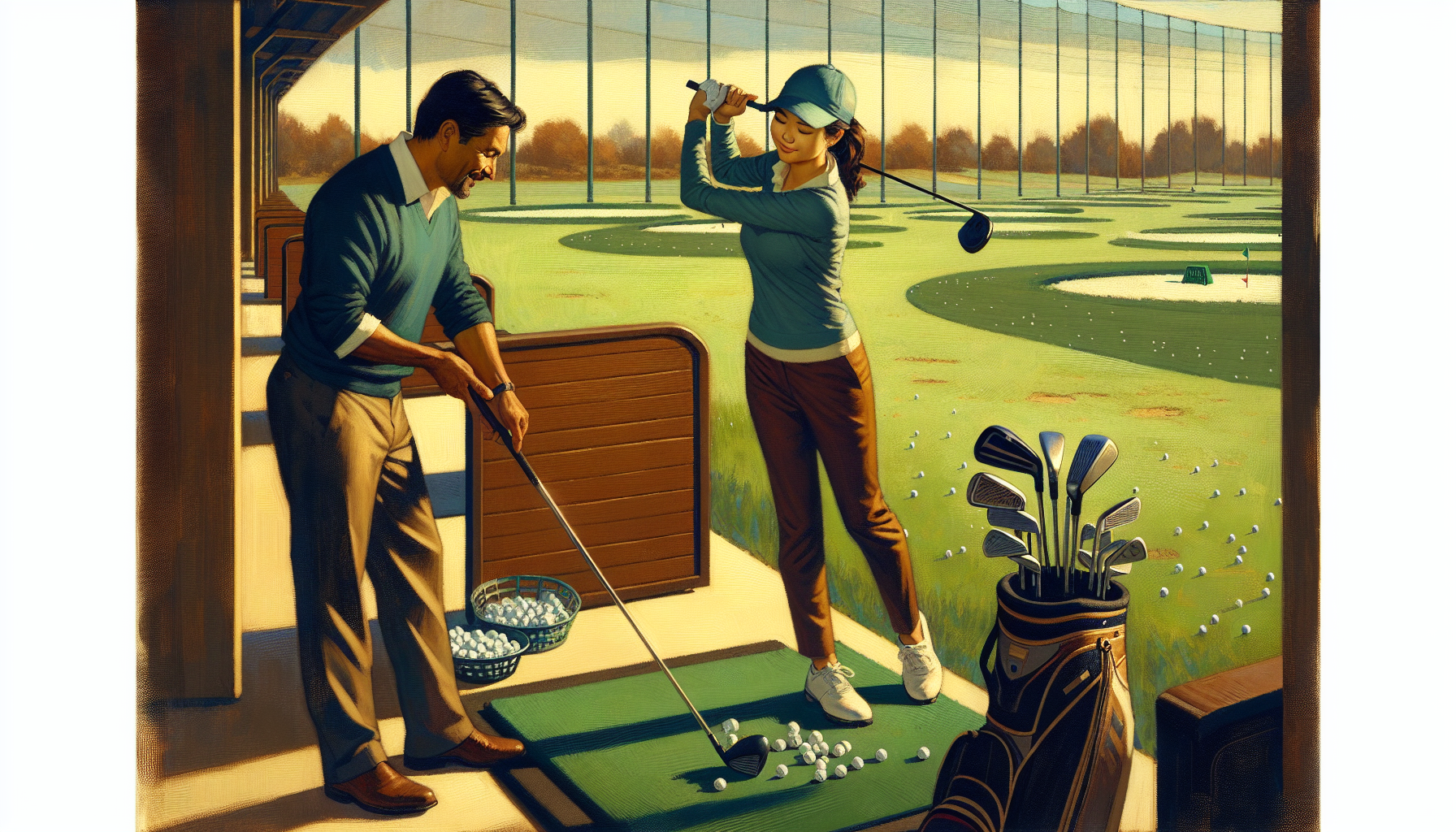 Weekend golfer learning the fundamentals of the golf game on a driving range