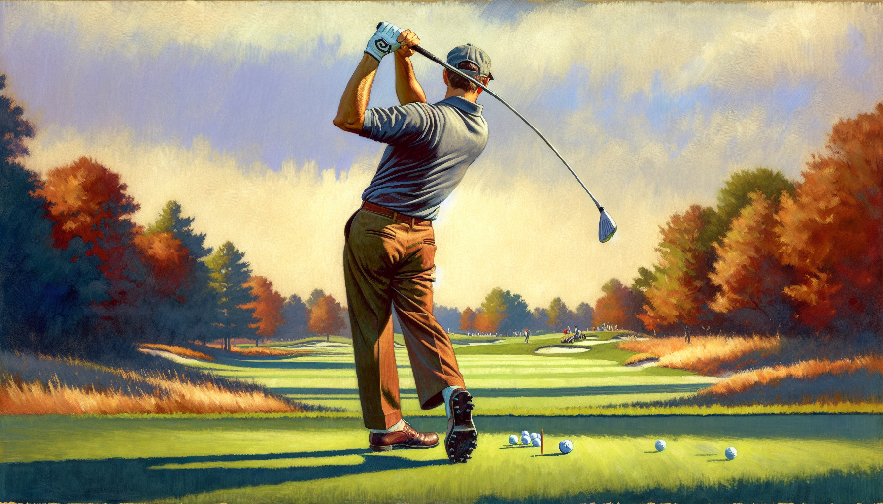 Weekend golfer demonstrating proper golf swing impact position with hands ahead of ball