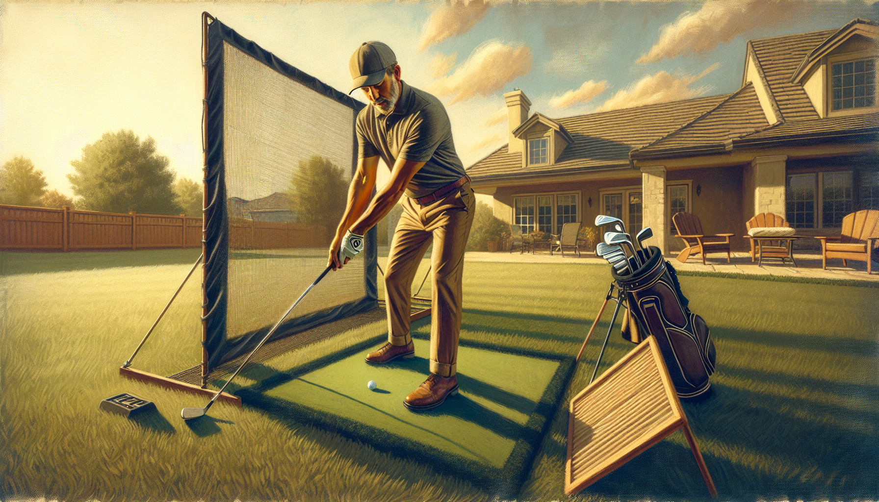 Weekend golfer practicing with golf net in backyard during sunset