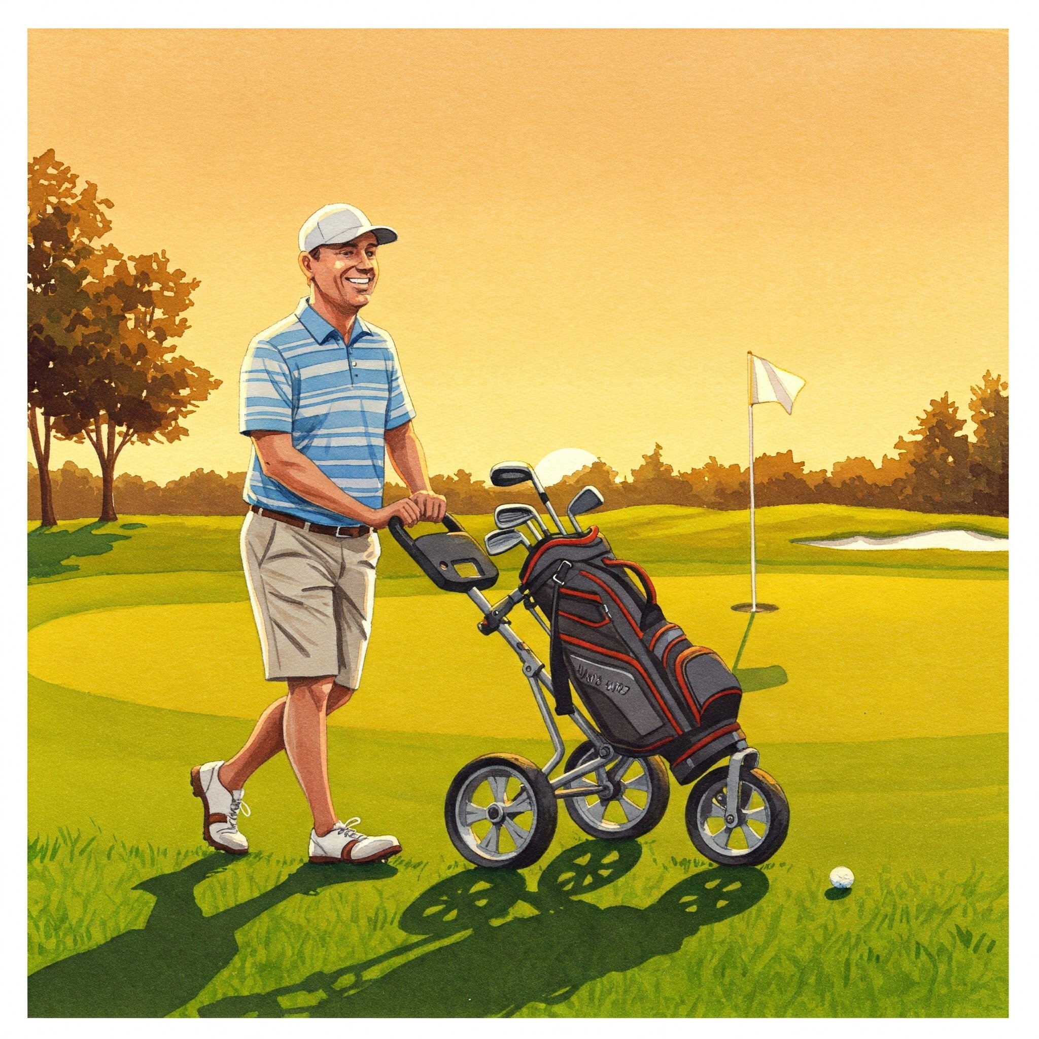 Weekend golfer enjoys walking the course with a modern push cart, saving energy for better shots