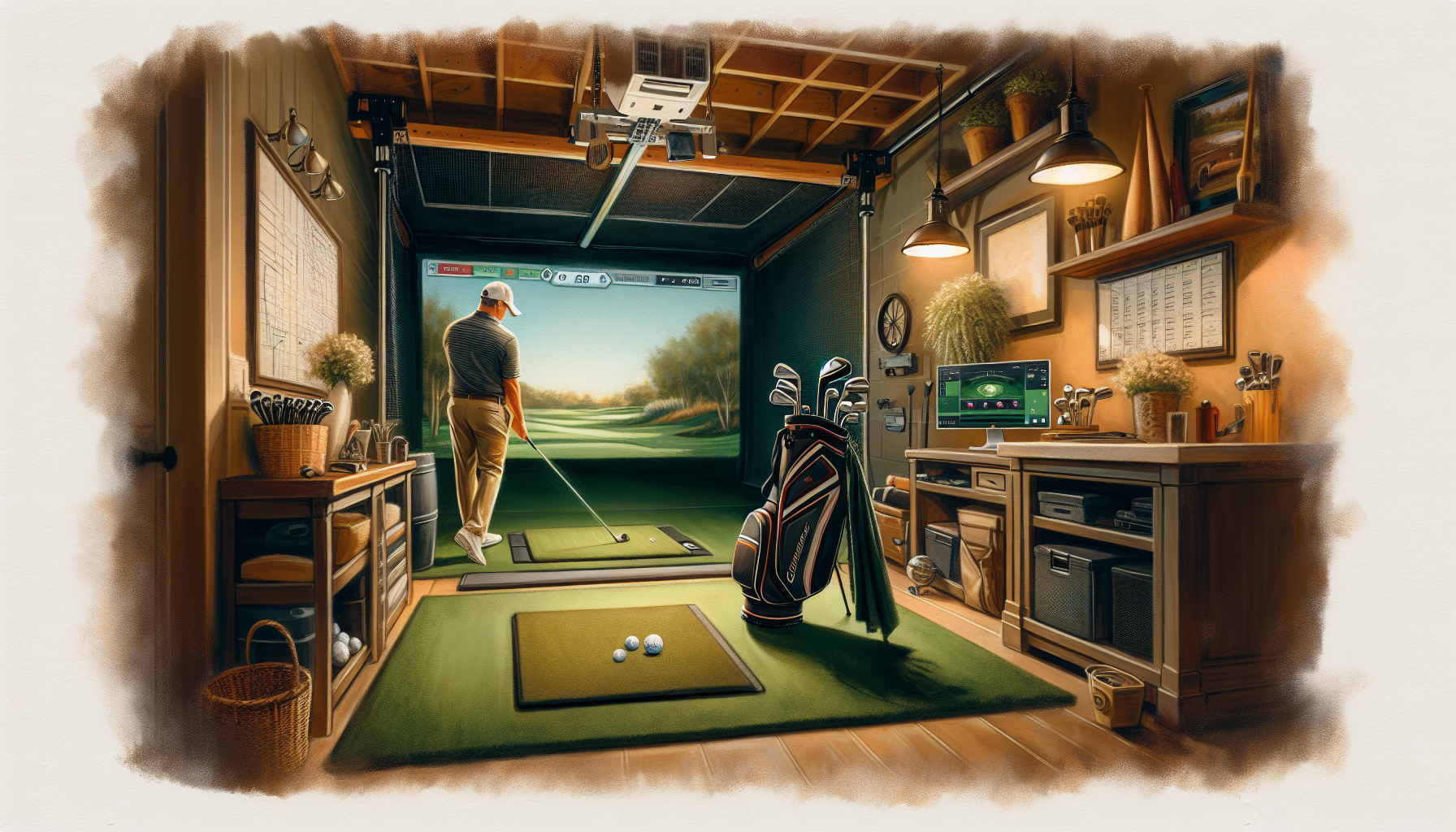 Modern golf simulator setup in home garage showing screen, mat, and launch monitor