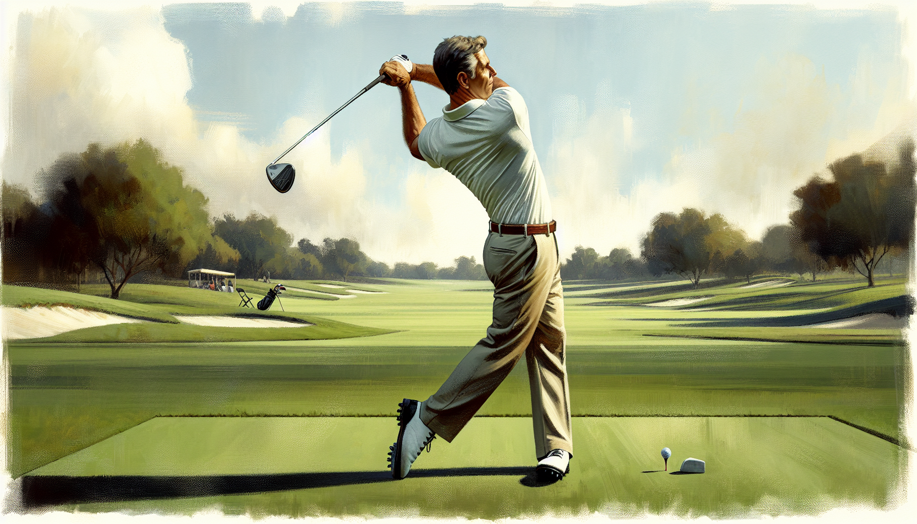 Weekend golfer demonstrating proper golf swing follow through position with balanced finish