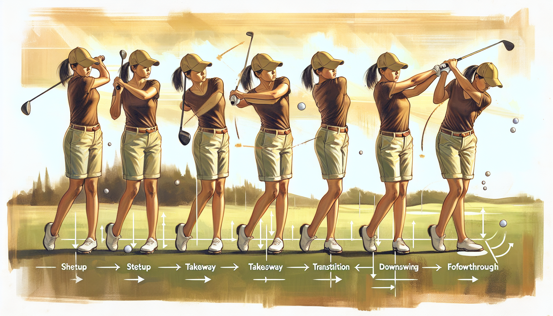 Golf swing sequence showing the 7 steps from setup to follow through