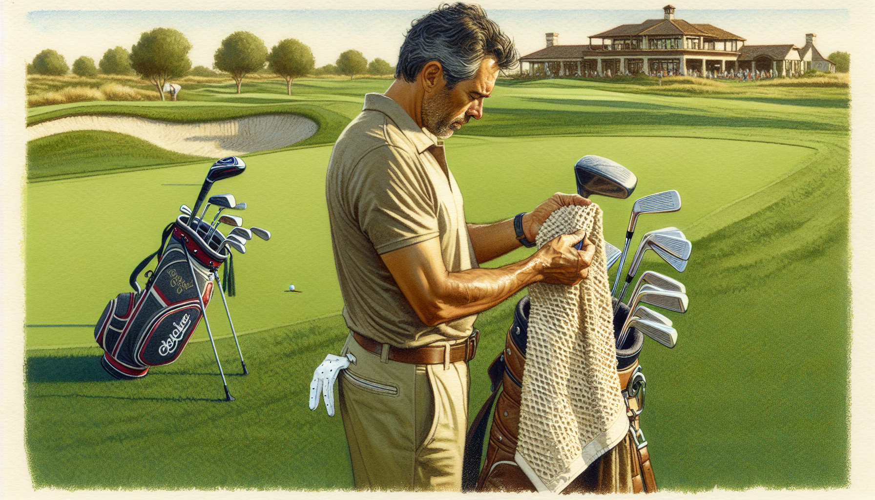 Weekend golfer using microfiber golf towel to clean club grooves on golf course