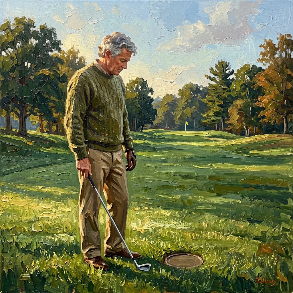 Weekend golfer standing over a golf ball in the fairway looking down at a yardage marker, playing to the 150 yard marker strategy test