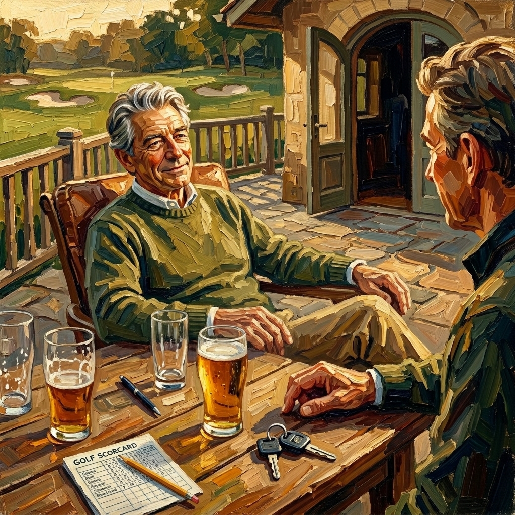 Golf buddies at a clubhouse patio table deciding how long to stay at the 19th hole