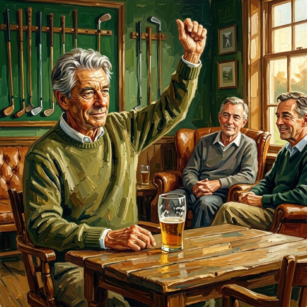 Golfer reenacting a golf swing at the 19th hole bar, golfer who talks about every shot after round