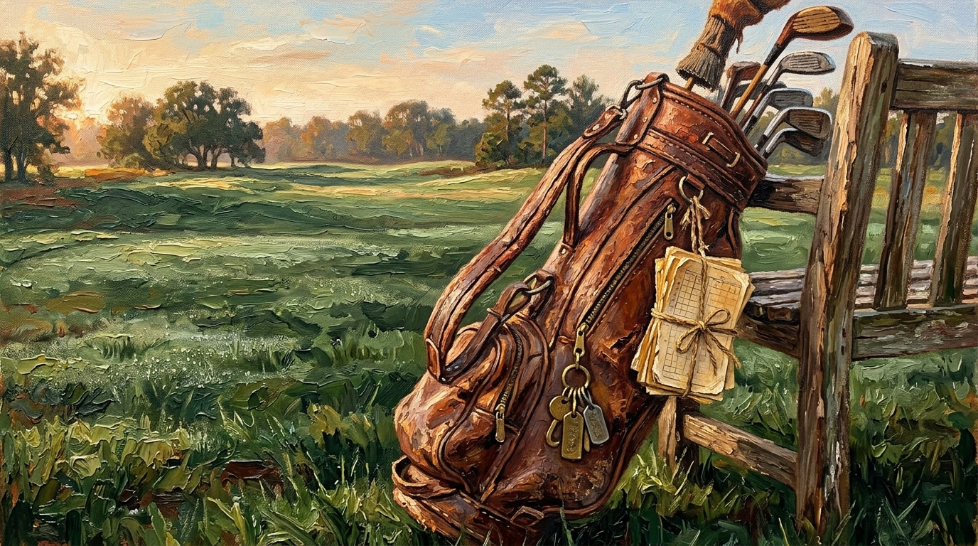 Weathered golf bag with two decades of scorecards and keychain markers hanging from the strap, how to keep an annual golf trip going for decades