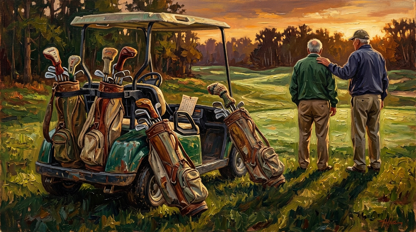 Golf bags leaning together against a cart at golden hour, golf group supporting friend going through hard time